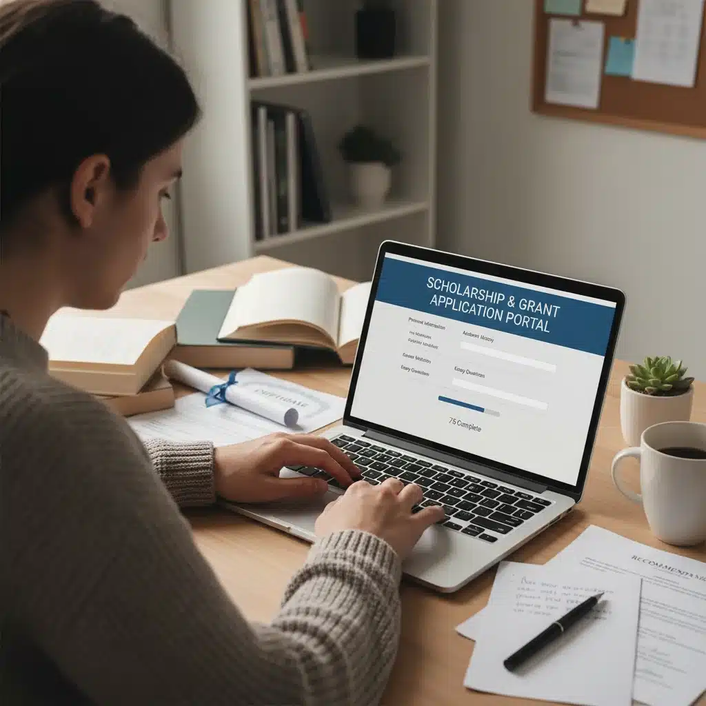 Focused individual completing an online educational grant application form on a laptop.