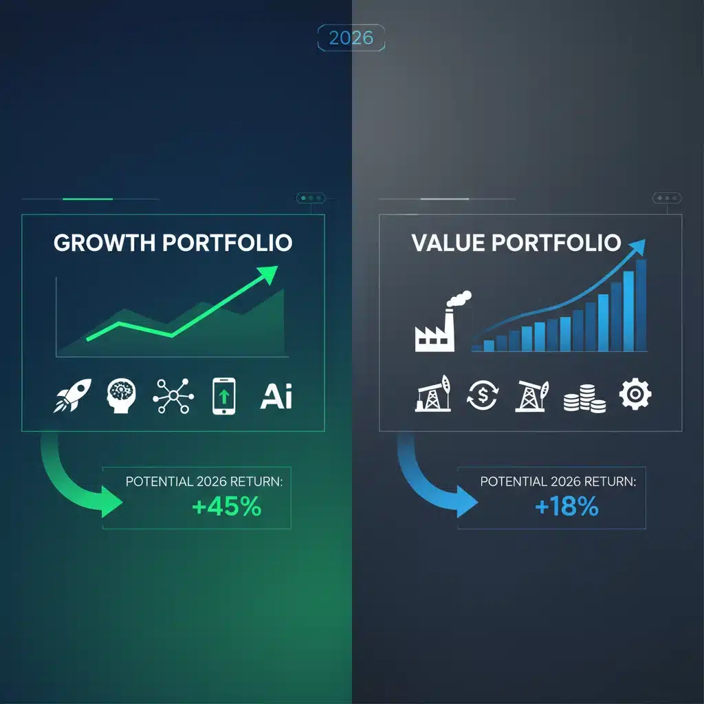 Visual comparison of growth and value investment portfolios and their potential returns in 2026.