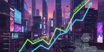 Dynamic stock market chart illustrating growth versus value stock performance in 2026, with a modern city backdrop.