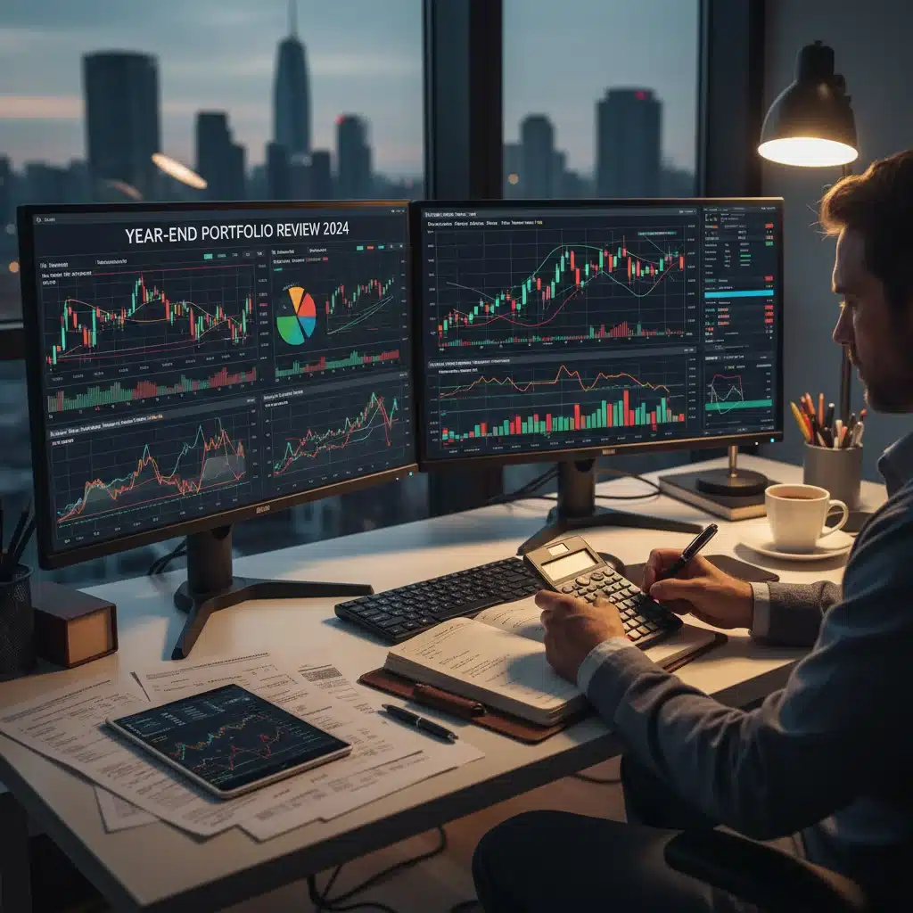 Investor analyzing portfolio performance and tax implications at year-end