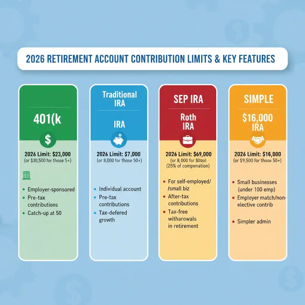Infographic showing 2026 retirement account contribution limits and types
