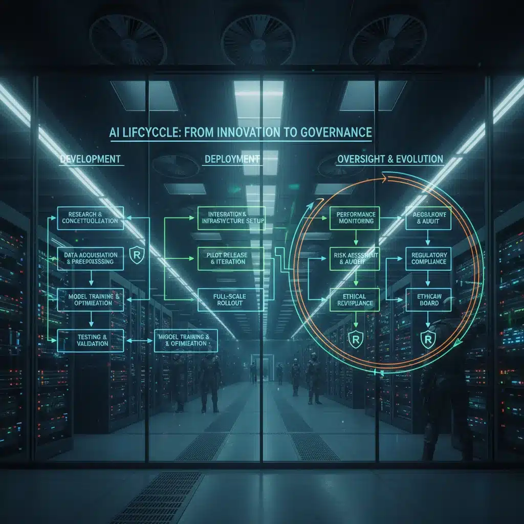 Detailed flowchart showing AI development lifecycle with regulatory checkpoints