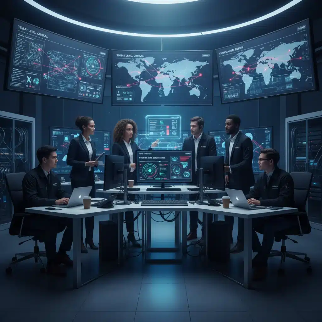Cybersecurity team collaborating on threat analysis and compliance