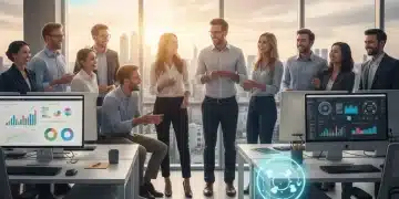 Employees benefiting from rapid EAP mental health support in a futuristic office setting.