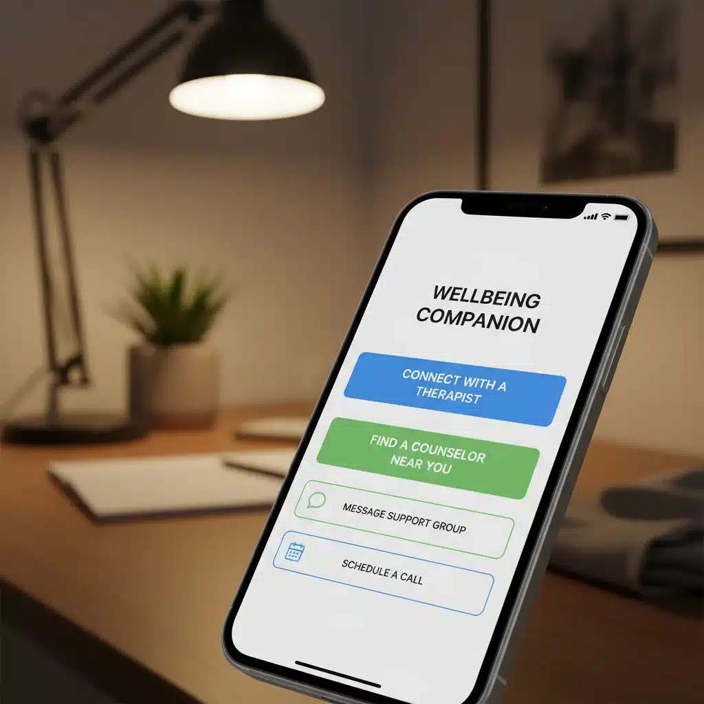 Employee accessing mental health resources via a mobile EAP application.