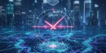 Government hand overseeing artificial intelligence data streams with a calendar marking June 2026