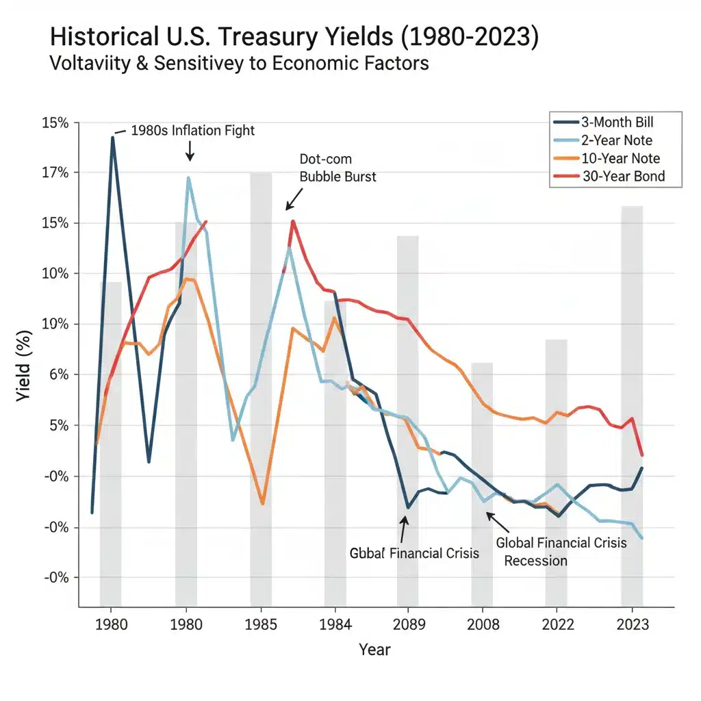 Historical graph of U.S. Treasury yields demonstrating market fluctuations.