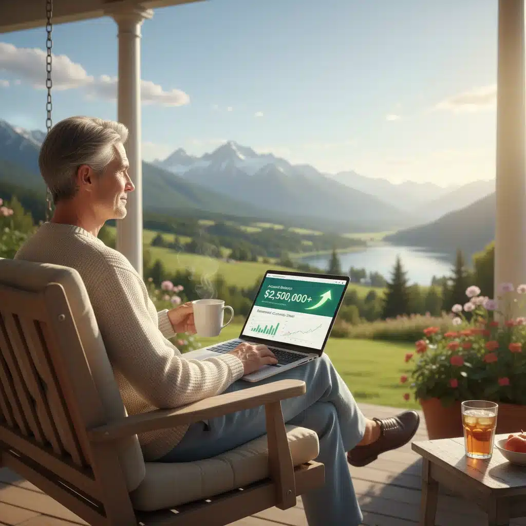 Relaxed person enjoying retirement, viewing positive account balance on laptop, illustrating financial freedom.