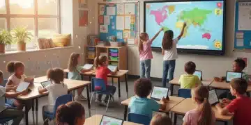 Diverse students engaged with technology in a modern classroom, highlighting digital equity