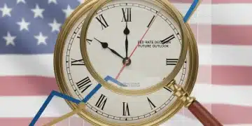 Financial graph with upward trend, clock, and magnifying glass representing 2026 Fed rate hike anticipation.