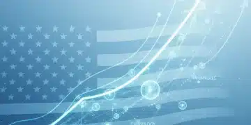 Futuristic digital rendering of US economic growth with financial charts and data connections.