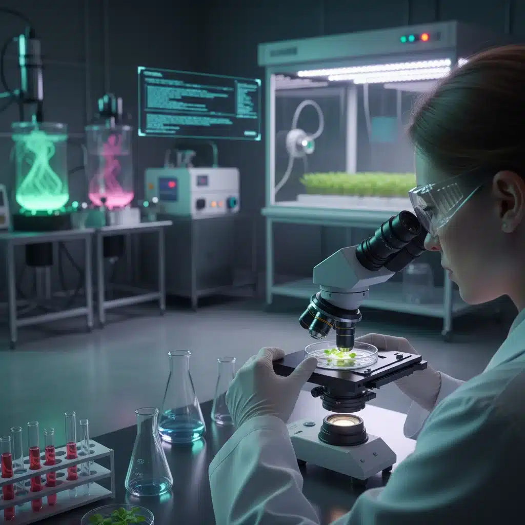 Agricultural scientist examining plant samples in a high-tech laboratory setting.