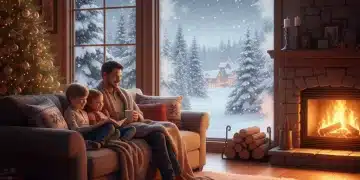 Family enjoying a warm home during winter with snow outside, symbolizing HEAP relief.