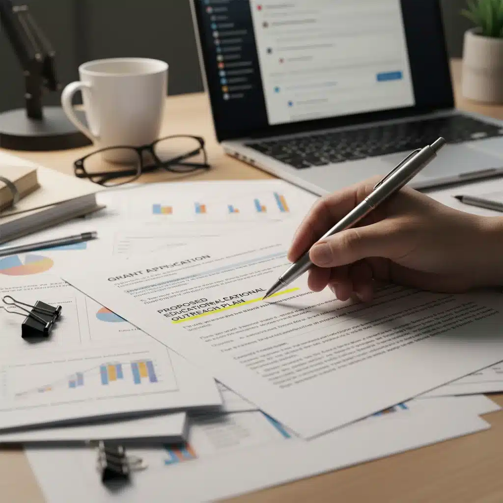 Grant application preparation with detailed research and highlighting.