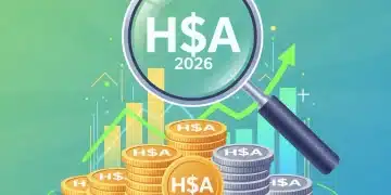 Illustration of magnifying glass over HSA coins, symbolizing financial growth and strategic planning for 2026 health savings.