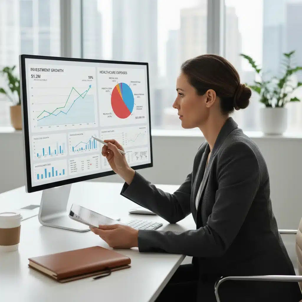 Individual analyzing investment portfolio and healthcare expenses on a digital screen, symbolizing proactive HSA management.
