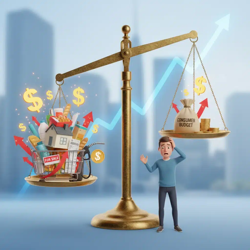 Visual depiction of rising inflation affecting consumer goods and services prices.