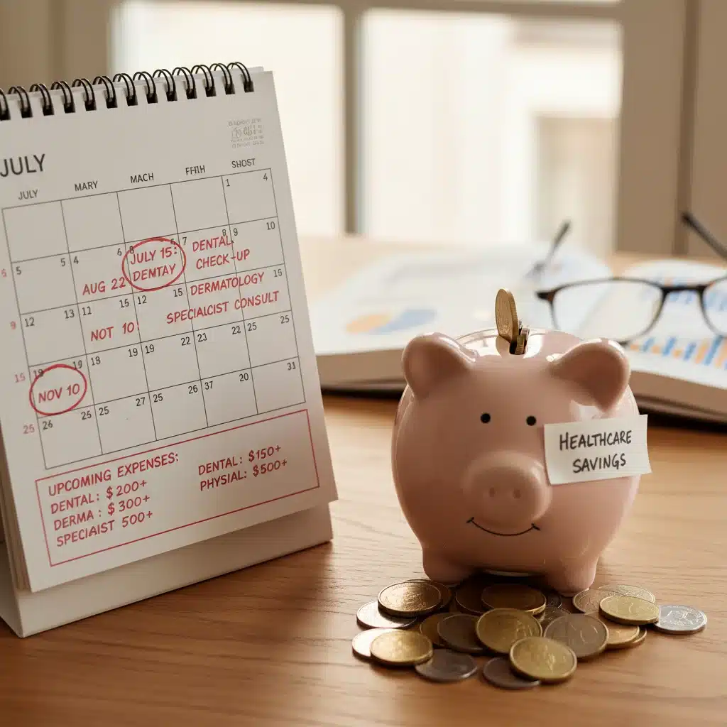 Calendar marking future medical expenses next to a full piggy bank, illustrating long-term HSA savings for healthcare.
