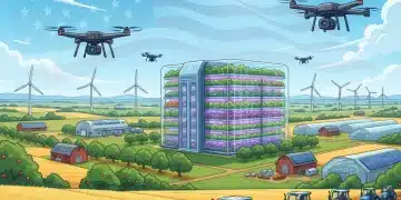 Modern agricultural landscape with advanced farming technology and sustainable practices, symbolizing US food security initiatives.
