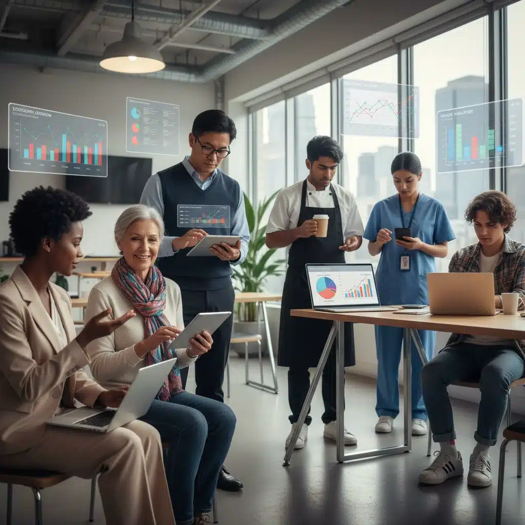 Diverse individuals actively managing personal finances with digital tools and economic data.