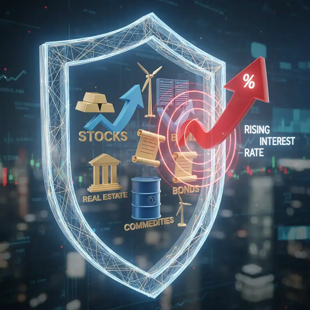 Diversified investment portfolio within a shield, symbolizing resilience against rising interest rates.