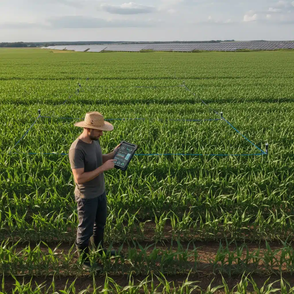 Farmer monitoring smart irrigation system in a field, showcasing sustainable farming technology.