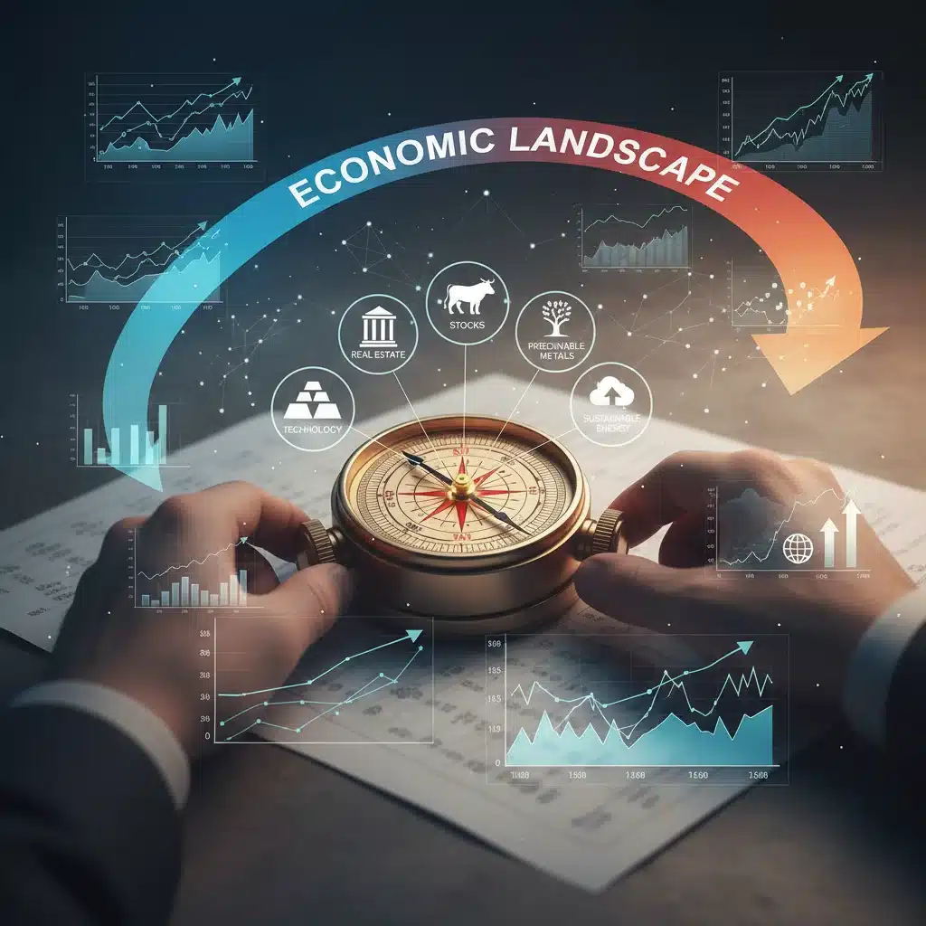 Investment compass guiding strategic decisions amidst economic charts, symbolizing diversification.