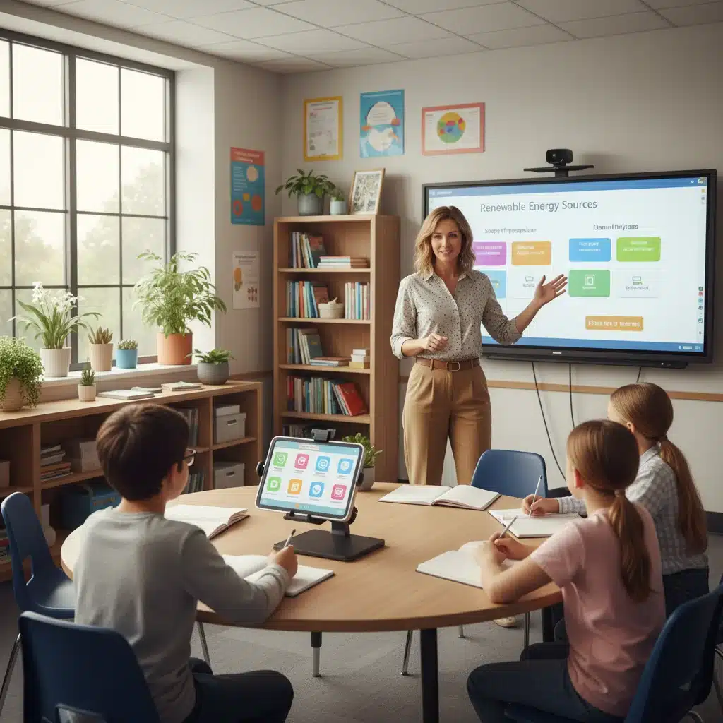 Teacher using assistive technology with students in a modern classroom