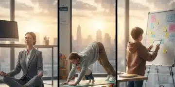 Diverse individuals performing quick, focused activities for a 10-minute daily routine in a modern setting.