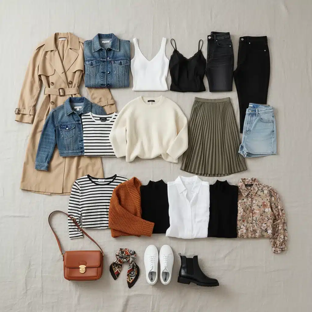 Flat lay of 20 versatile clothing pieces for a capsule wardrobe