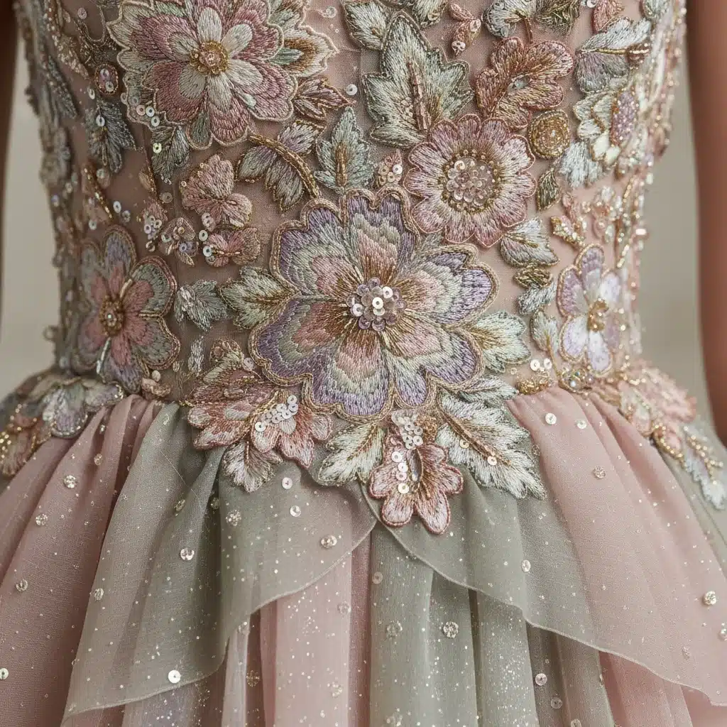 Detail of multi-dimensional garment with 3D embroidery and layered fabrics