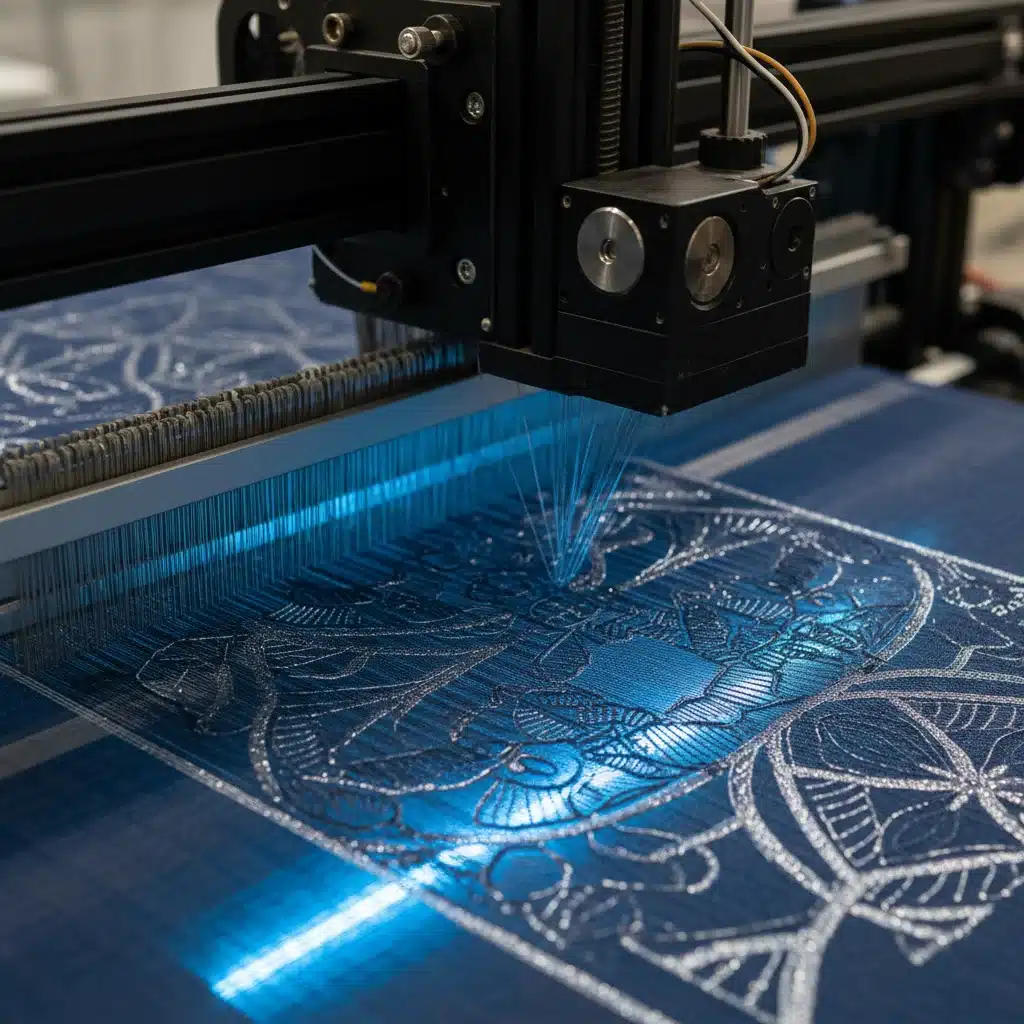 3D printer fabricating custom textile, representing technological innovation in personalized fashion