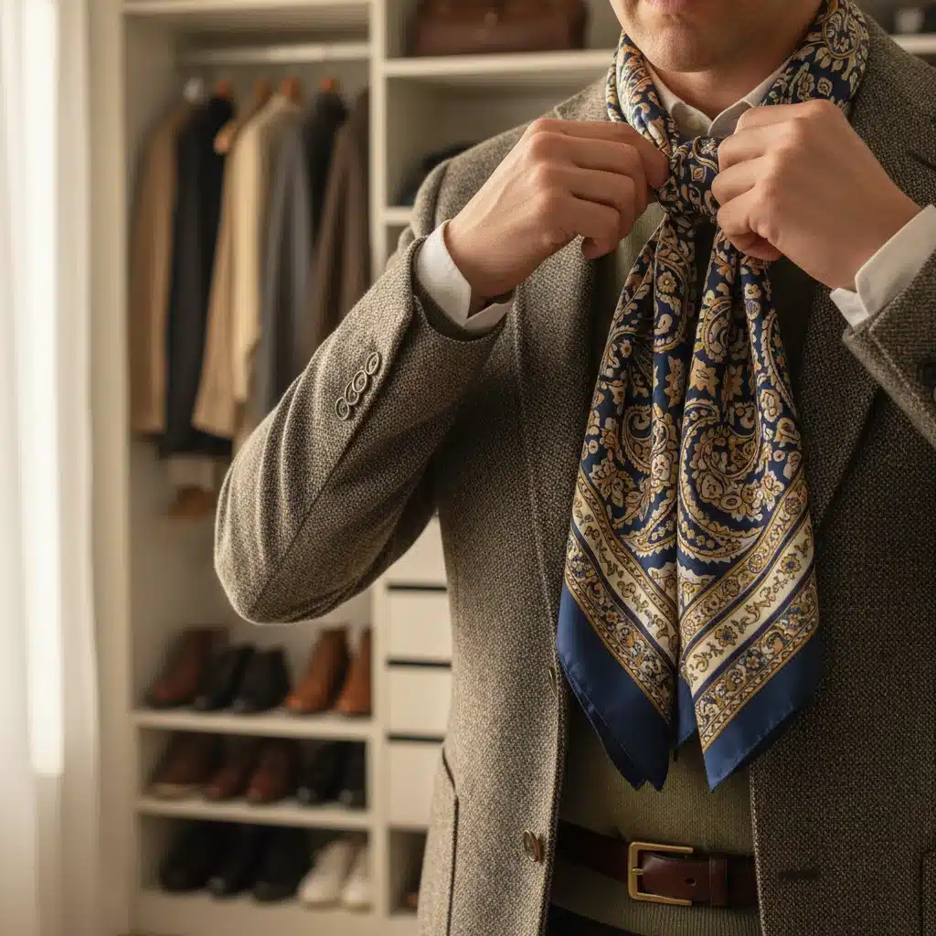 Person tying a silk scarf, illustrating the use of accessories in layered outfits.