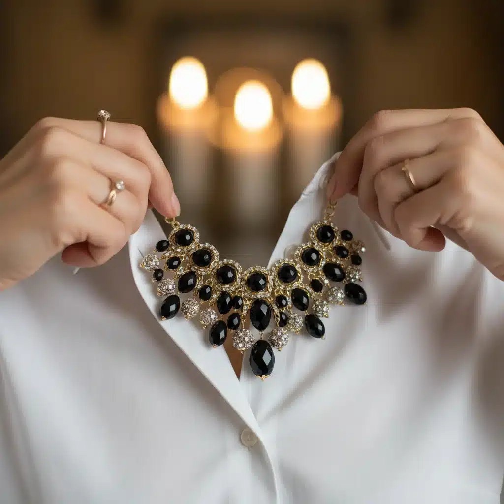 Hands accessorizing a white shirt for different occasions with jewelry, scarf, and tie.