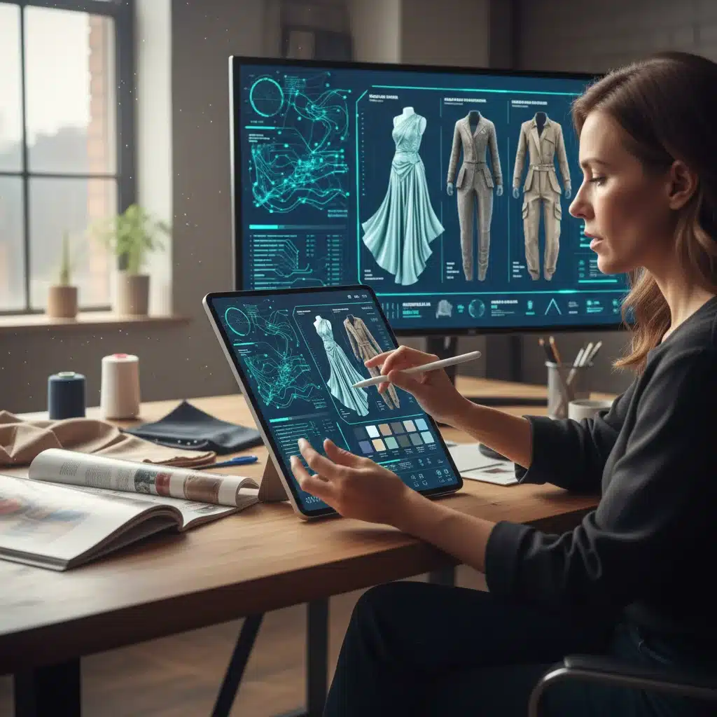 Fashion designer using AI software for garment pattern and material suggestions.