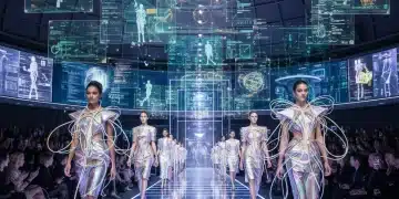 Futuristic fashion runway with AI-designed clothing and holographic data projections.