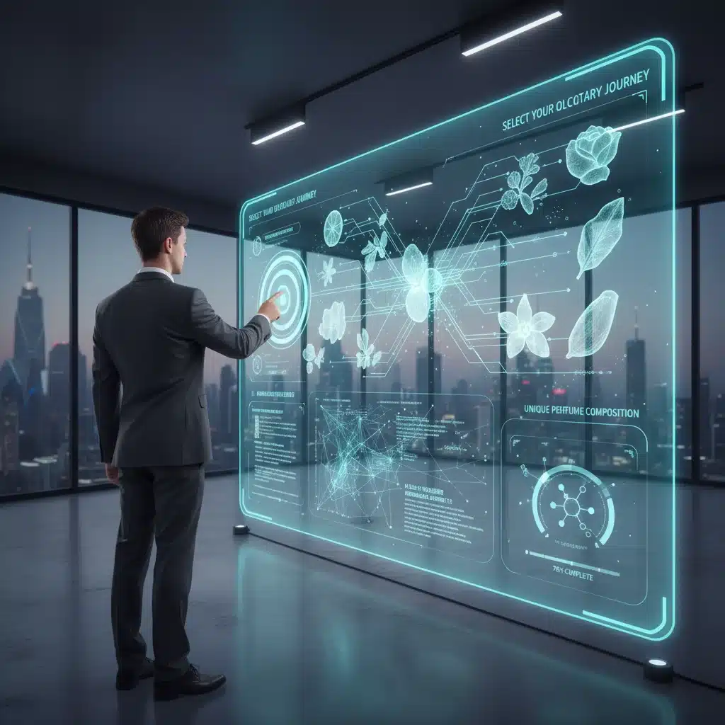 Person using an AI-powered holographic interface to personalize a custom fragrance.