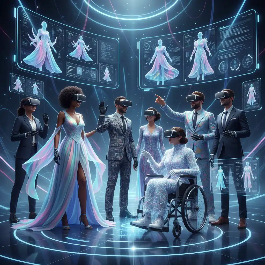 Consumers in VR trying on AI-generated personalized clothing.