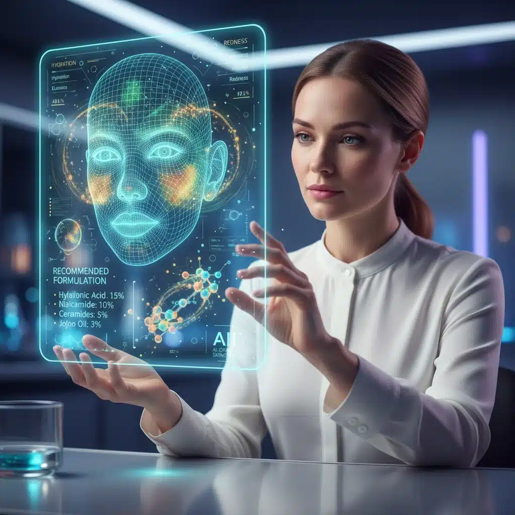 Person viewing holographic display of personalized skin analysis and moisturizer recommendations