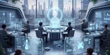 Students and professors interacting with AI-powered learning platforms in a modern university setting, showcasing personalized education.