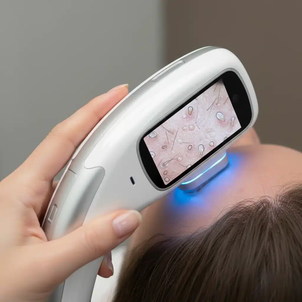 AI-powered device performing a detailed scalp and hair analysis