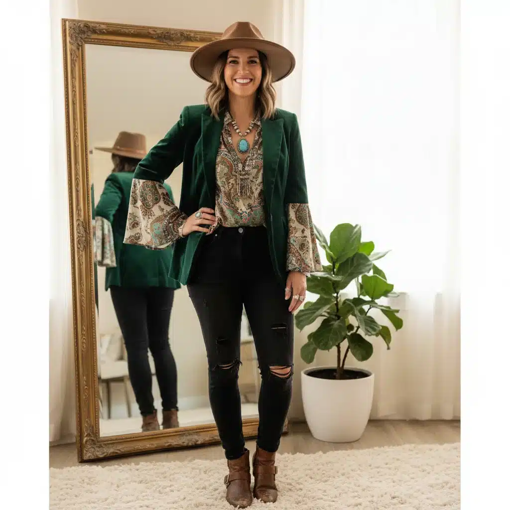 Confident person reflecting their authentic personal style in a mirror, exuding self-assurance.
