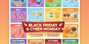 Illustrated calendar showing optimal buying times for various products throughout the year, with highlighted sales.