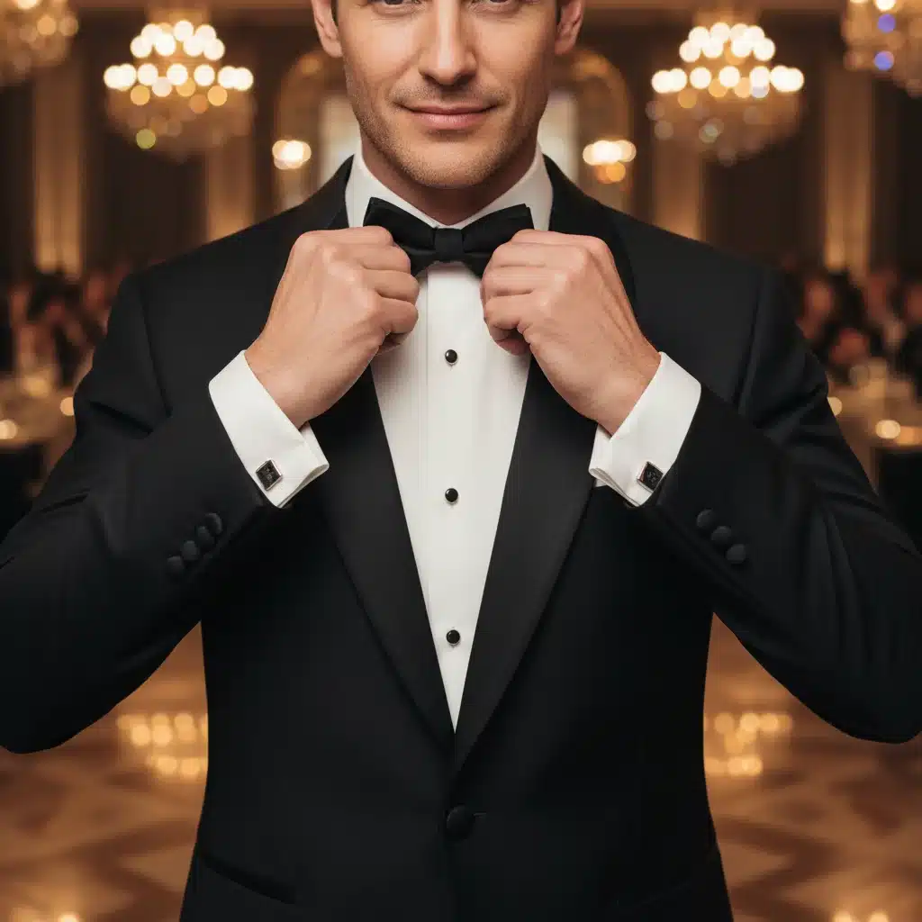 Man adjusting black tie, classic tuxedo, formal event preparation