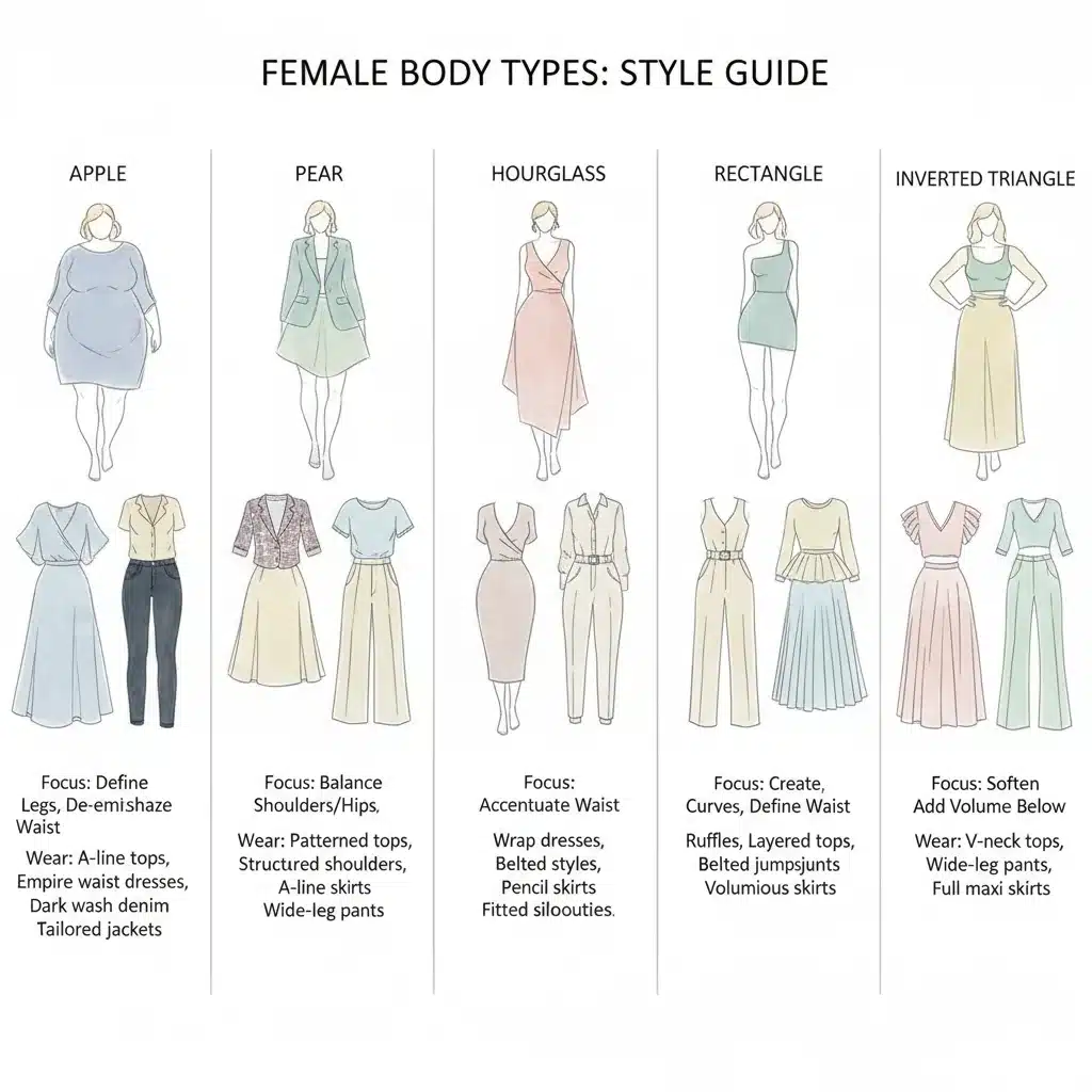 Infographic showing five female body types with clothing recommendations.