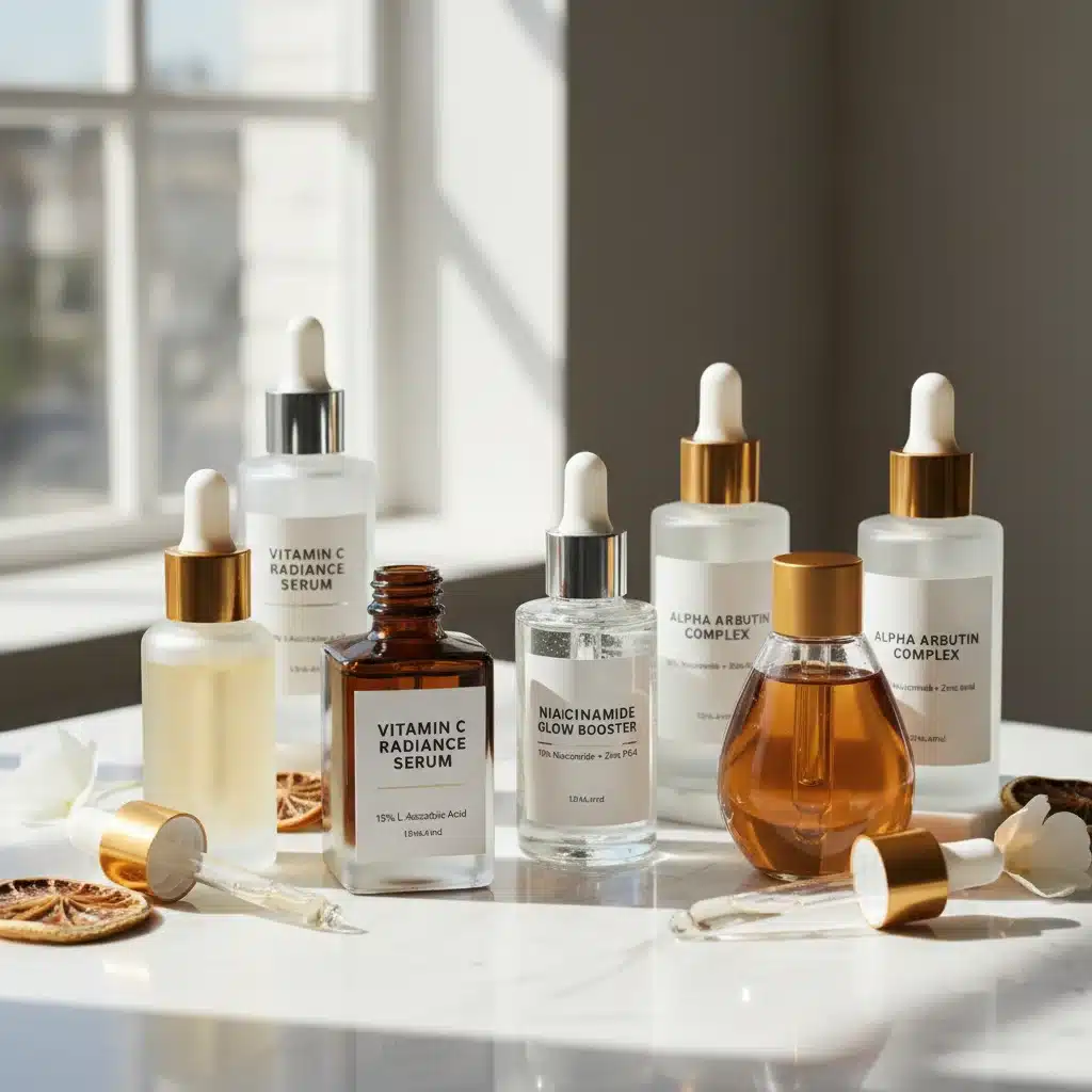 Assortment of skin brightening serum bottles with visible active ingredients.