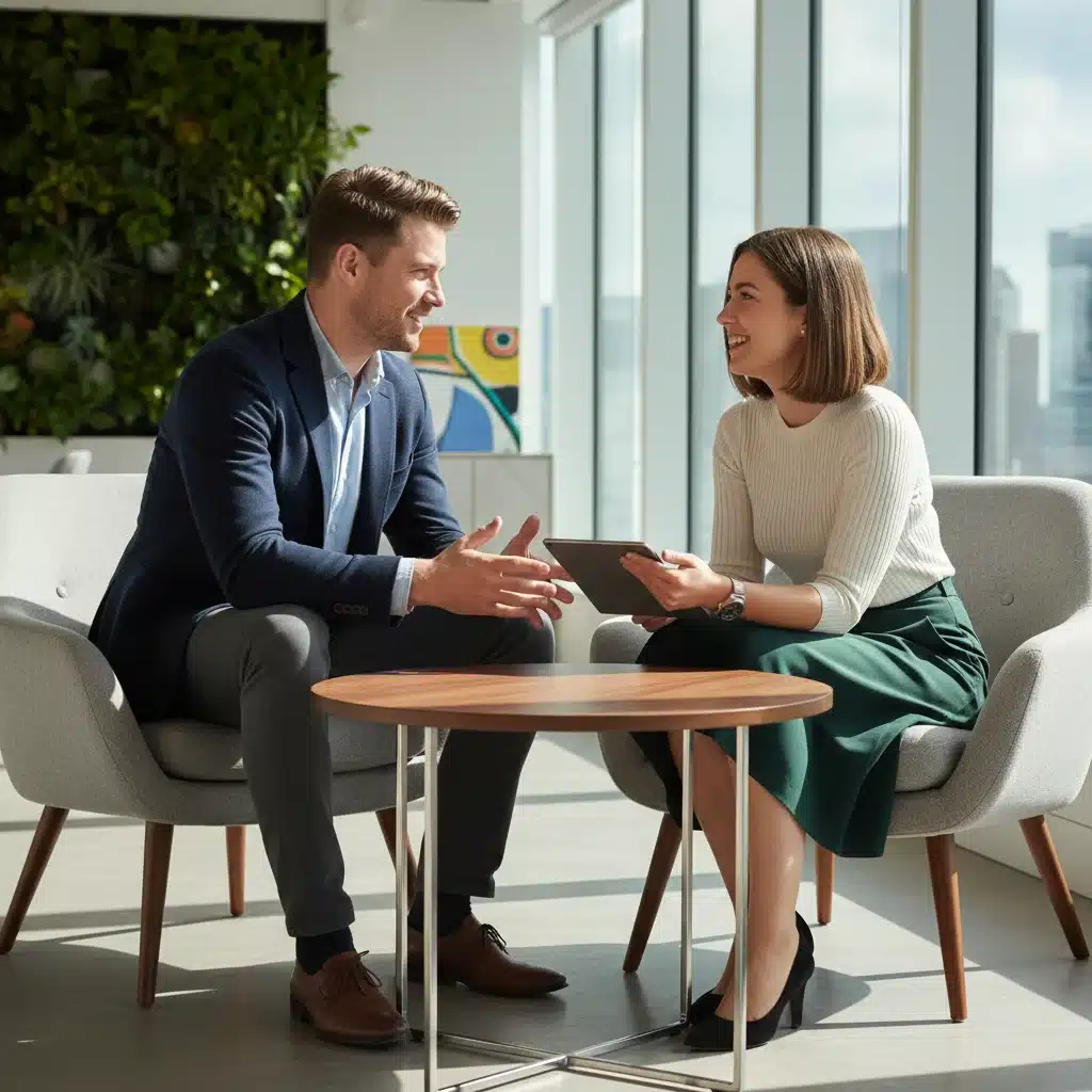 Male and female professionals in business casual discussing in a modern office setting
