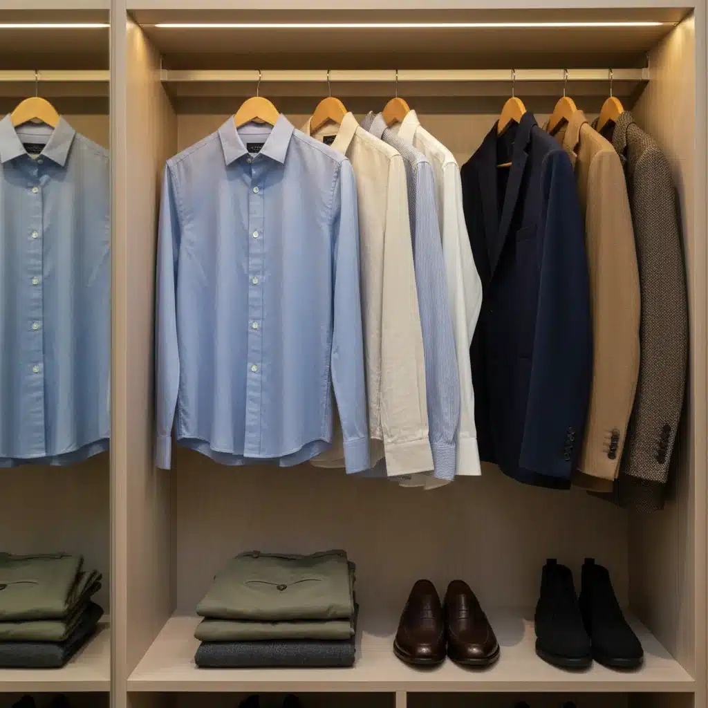 Organized wardrobe with essential business casual clothing items like sweaters, shirts, blazers, and loafers