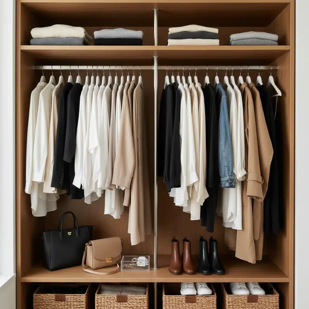 Organized capsule wardrobe with neutral clothing items