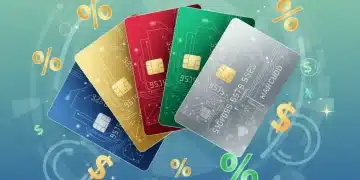 Illustration of credit cards with dollar and percentage symbols for cash back rewards.